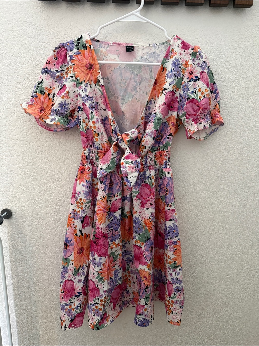 SHEIN Pink, Orange & Purple Floral Tie-Front Mini Dress